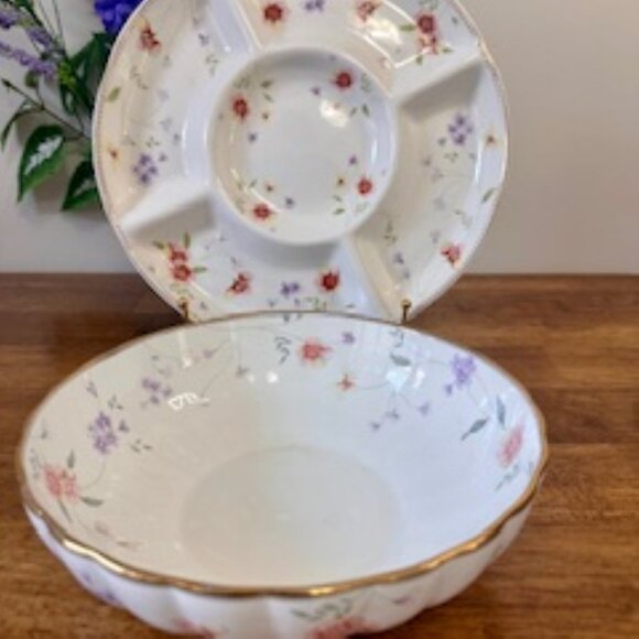 Lefard England Vintage Floral Divided Dish and Matching Serving Bowl – Gold Trim - Picture 6 of 10